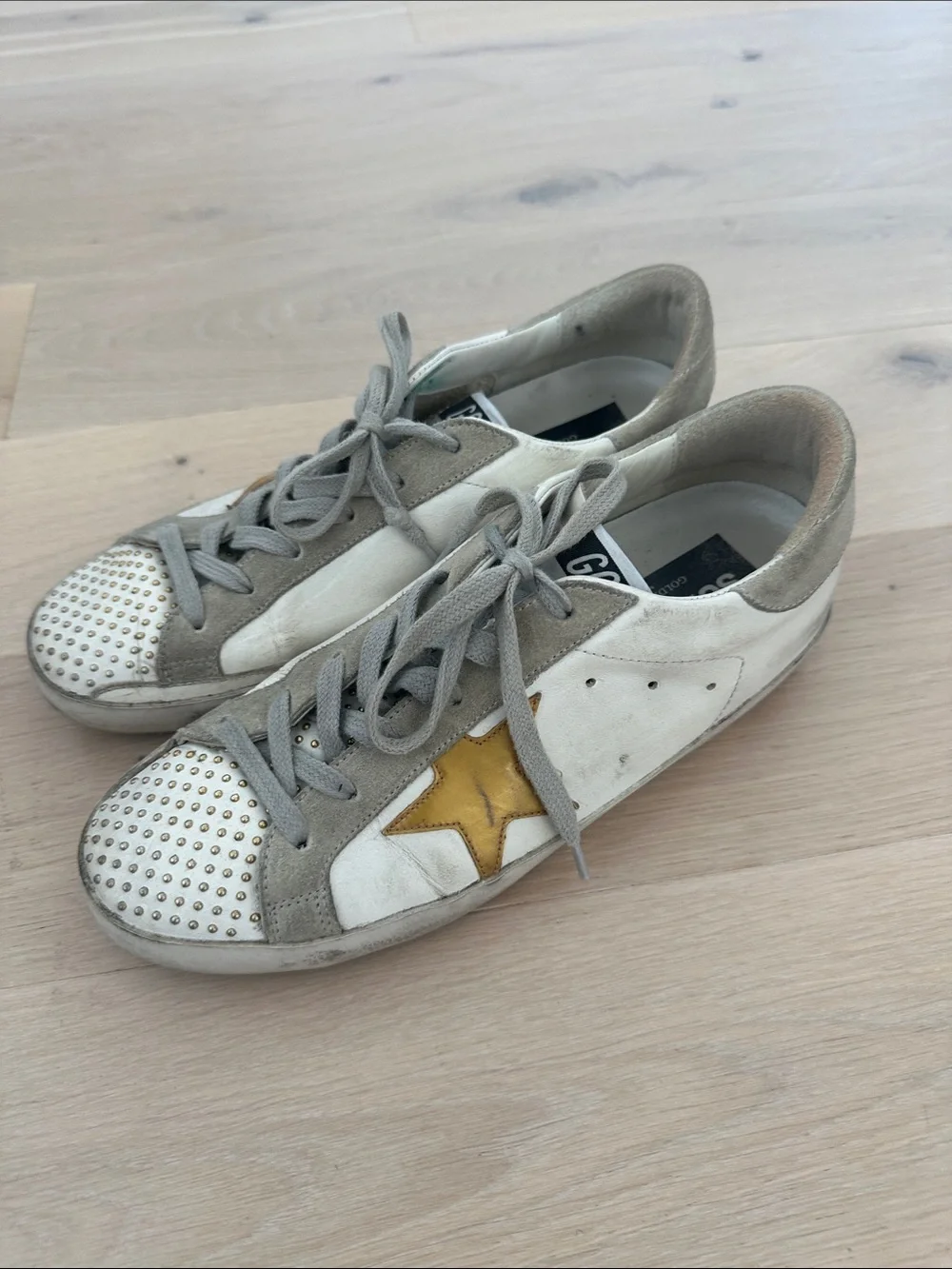 Golden Goose White, Gray & Gold Star Studded Sneakers - Picture 2 of 9